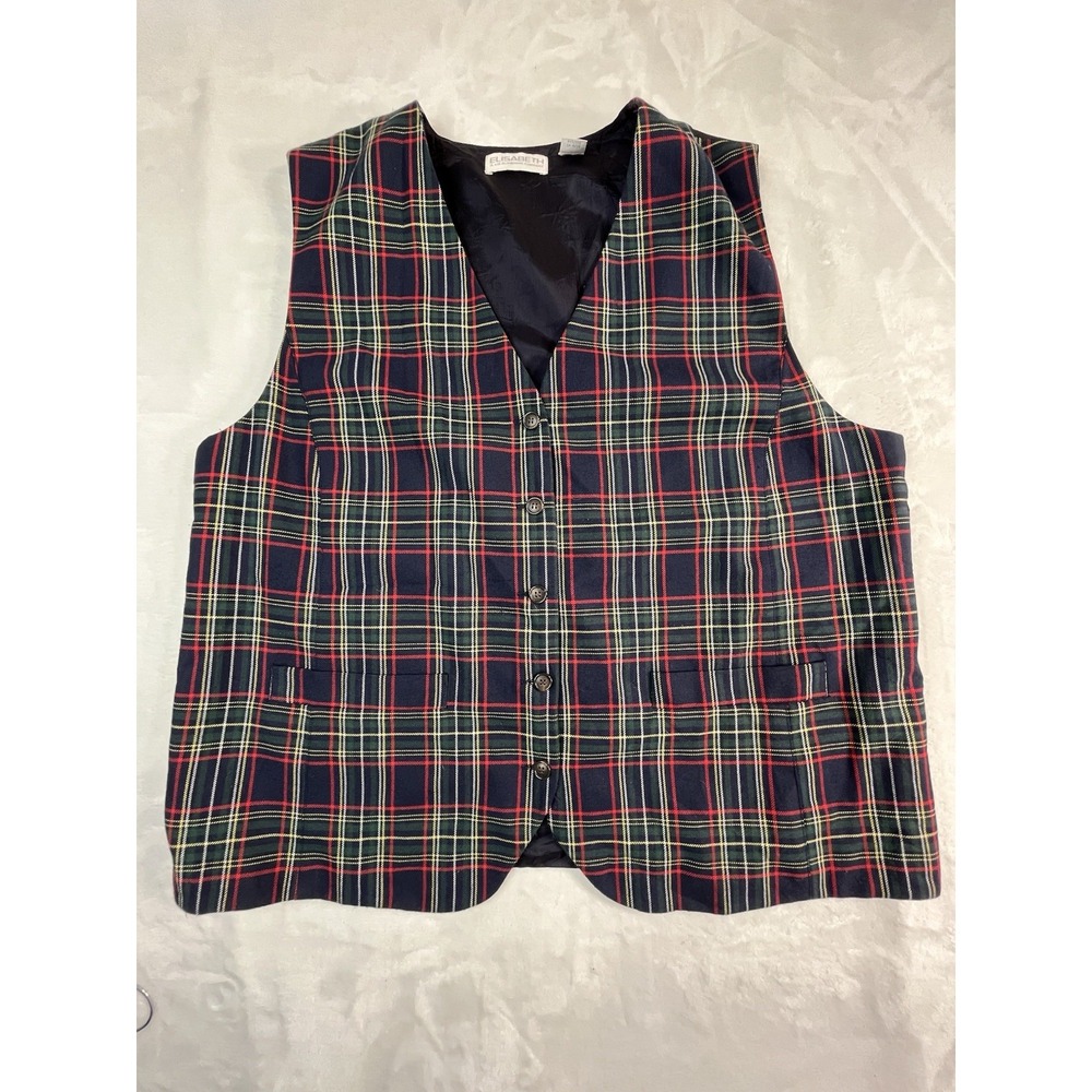 VTG‎ ELISABETH Liz Clairborne Womens XL (1) Vest Blue Tartan Plaid Front
